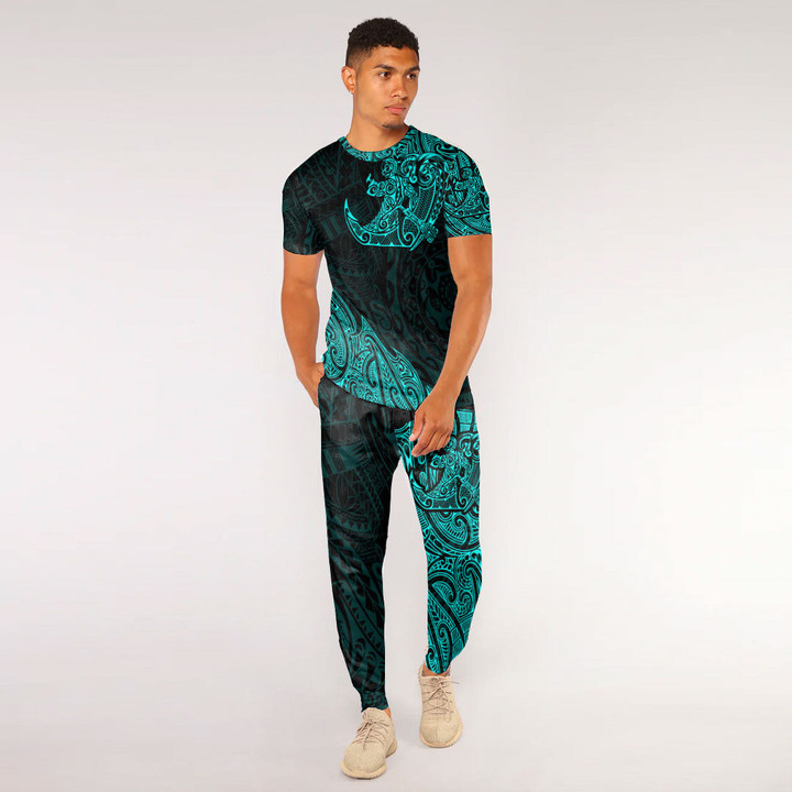 RugbyLife Clothing - Polynesian Tattoo Style Surfing - Cyan Version T-Shirt and Jogger Pants A7 | RugbyLife