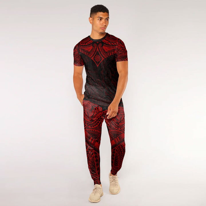 RugbyLife Clothing - (Custom) Polynesian Tattoo Style Flower - Red Version T-Shirt and Jogger Pants A7 | RugbyLife