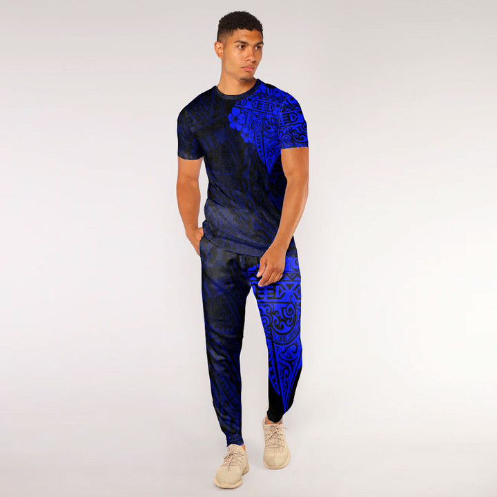 RugbyLife Clothing - Polynesian Tattoo Style Melanesian Style Aboriginal Tattoo - Blue Version T-Shirt and Jogger Pants A7 | RugbyLife