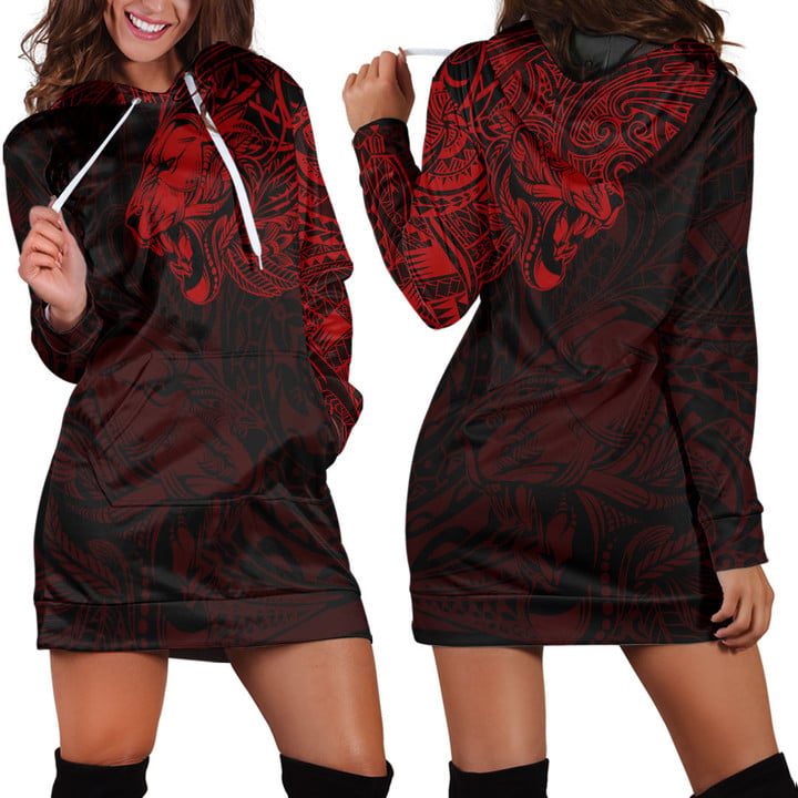 RugbyLife Clothing - Polynesian Tattoo Style Tribal Lion - Red Version Hoodie Dress A7 | RugbyLife