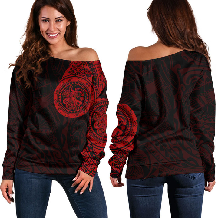 RugbyLife Clothing - Lizard Gecko Maori Polynesian Style Tattoo - Red Version Off Shoulder Sweater A7 | RugbyLife