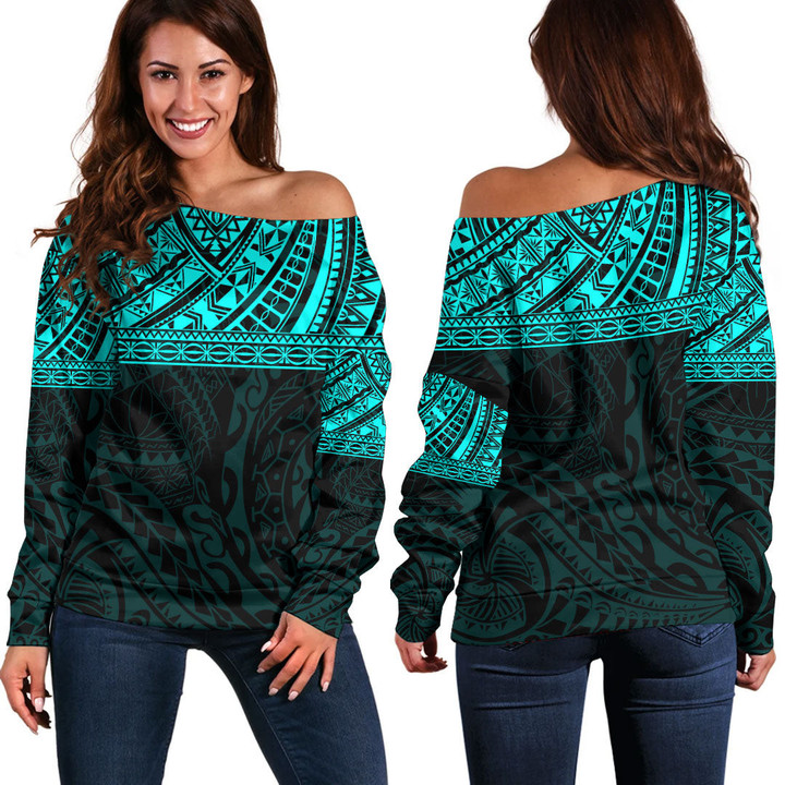 RugbyLife Clothing - Polynesian Tattoo Style - Cyan Version Off Shoulder Sweater A7 | RugbyLife