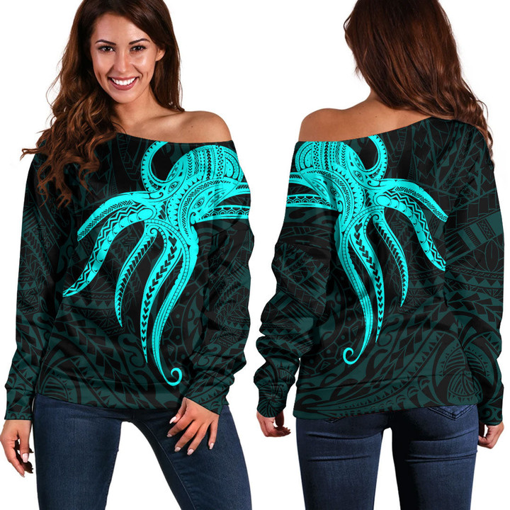 RugbyLife Clothing - Polynesian Tattoo Style Octopus Tattoo - Cyan Version Off Shoulder Sweater A7 | RugbyLife
