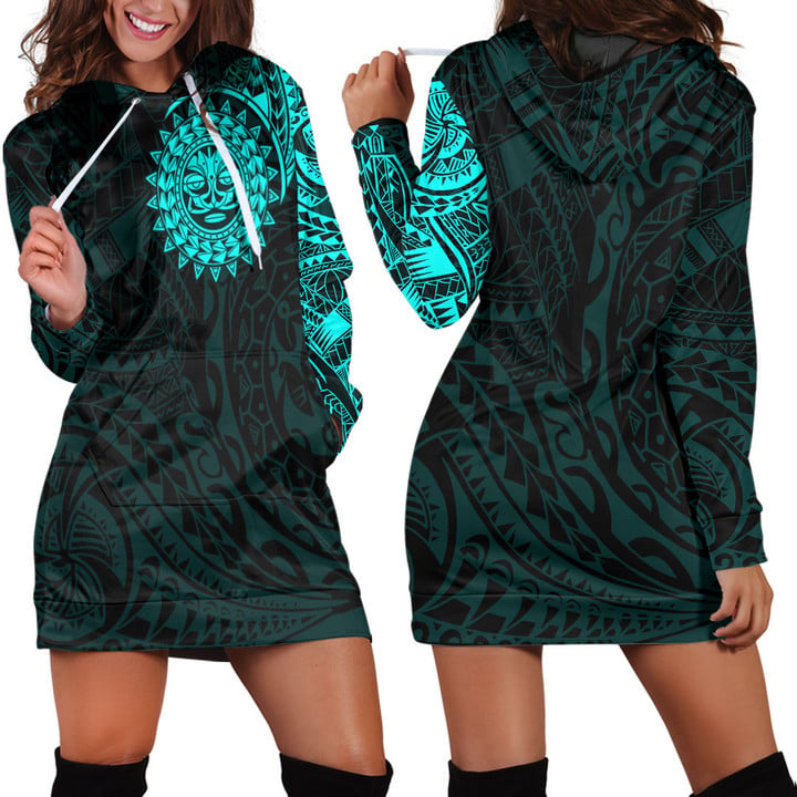 RugbyLife Clothing - Polynesian Sun Tattoo Style - Cyan Version Hoodie Dress A7 | RugbyLife