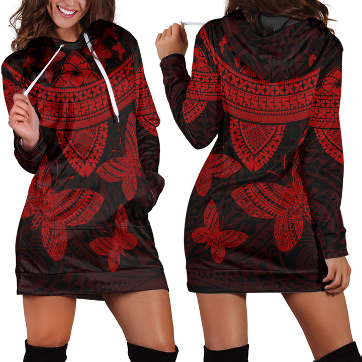 RugbyLife Clothing - Polynesian Tattoo Style Butterfly - Red Version Hoodie Dress A7 | RugbyLife