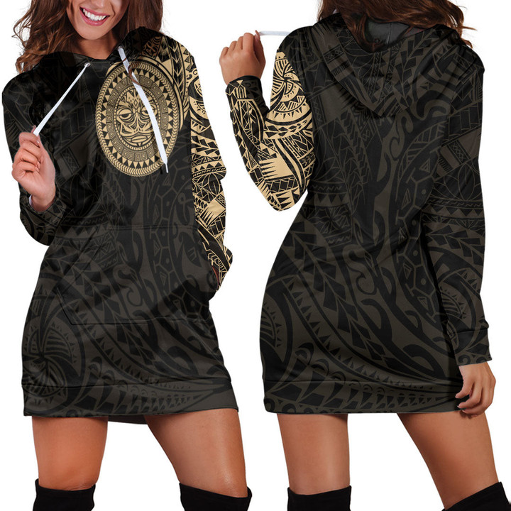 RugbyLife Clothing - Polynesian Sun Mask Tattoo Style - Gold Version Hoodie Dress A7 | RugbyLife