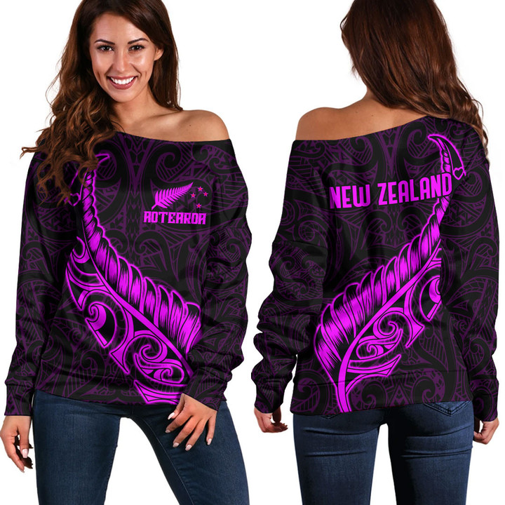 RugbyLife Clothing - New Zealand Aotearoa Maori Fern - Pink Version Off Shoulder Sweater A7 | RugbyLife