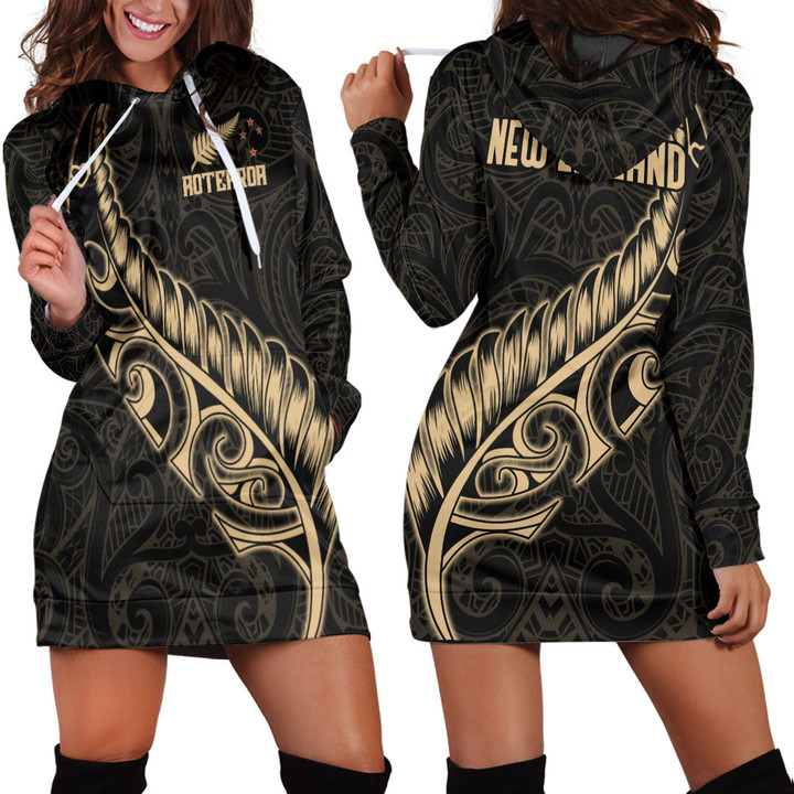 RugbyLife Clothing - New Zealand Aotearoa Maori Fern - Gold Version Hoodie Dress A7 | RugbyLife