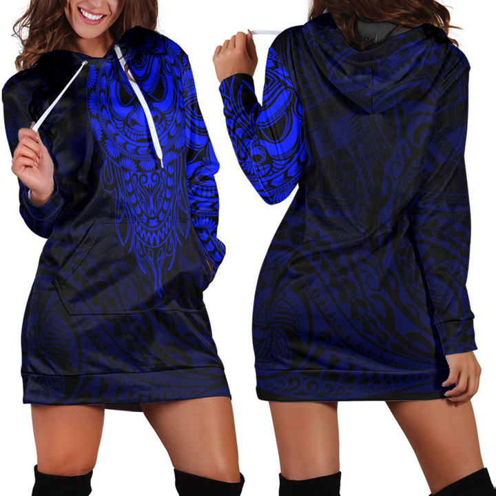 RugbyLife Clothing - Polynesian Tattoo Style Mask Native - Blue Version Hoodie Dress A7 | RugbyLife