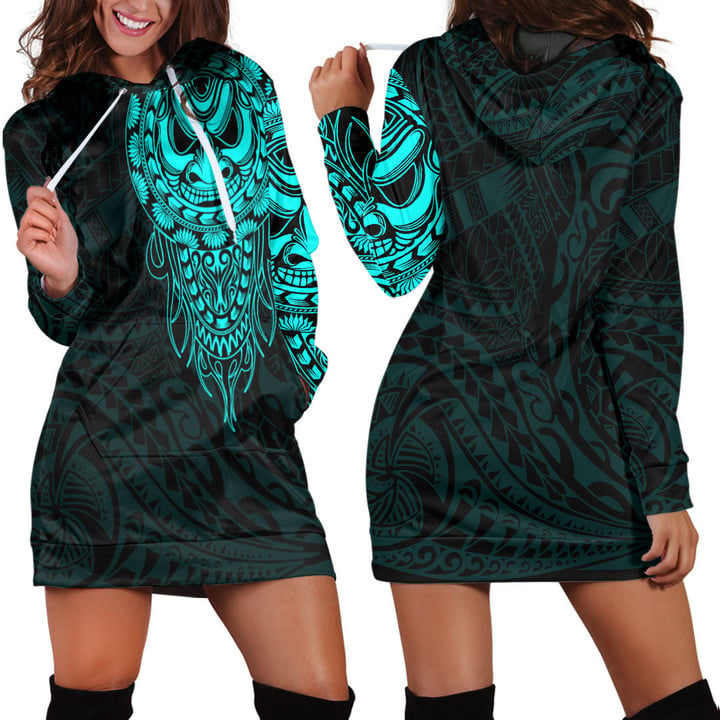 RugbyLife Clothing - Polynesian Tattoo Style Mask Native - Cyan Version Hoodie Dress A7 | RugbyLife