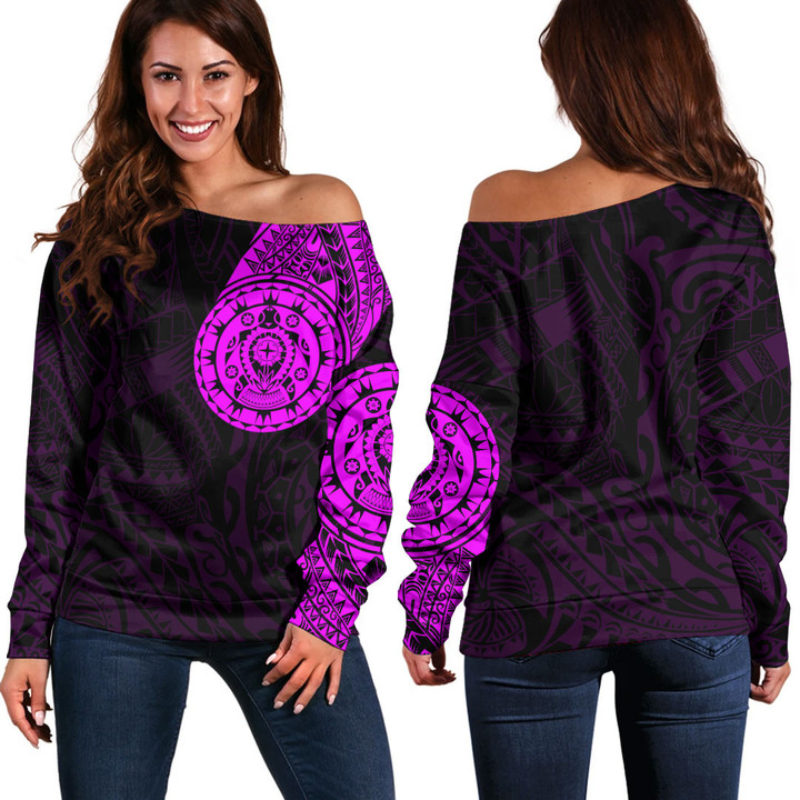 RugbyLife Clothing - Polynesian Tattoo Style Turtle - Pink Version Off Shoulder Sweater A7 | RugbyLife