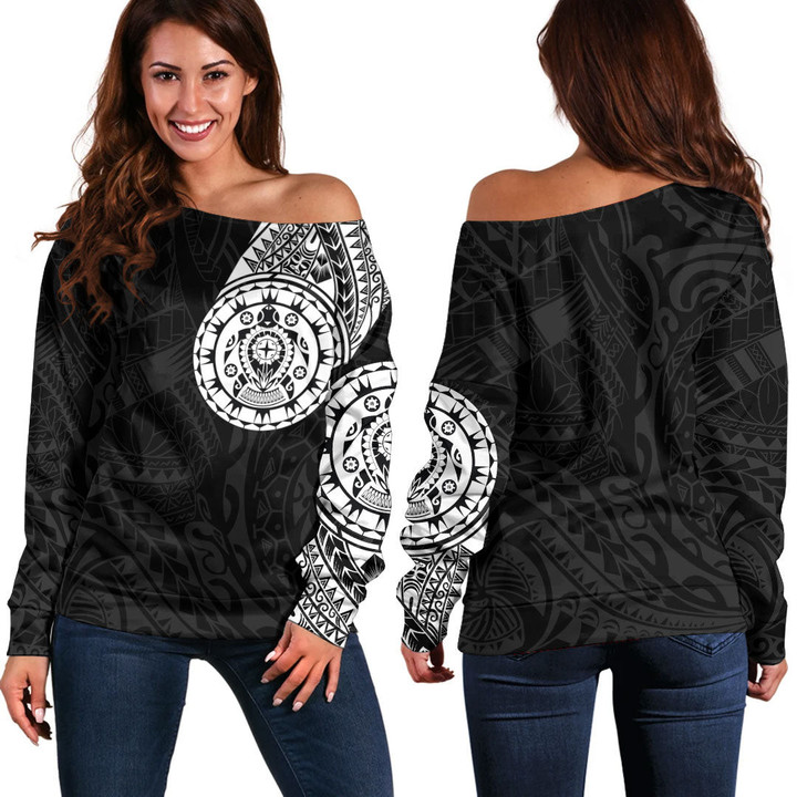 RugbyLife Clothing - Polynesian Tattoo Style Turtle Off Shoulder Sweater A7 | RugbyLife