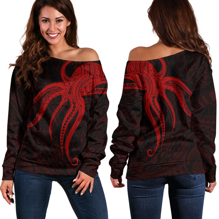 RugbyLife Clothing - Polynesian Tattoo Style Octopus Tattoo - Red Version Off Shoulder Sweater A7 | RugbyLife