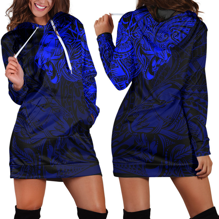 RugbyLife Clothing - Polynesian Tattoo Style Tribal Lion - Blue Version Hoodie Dress A7 | RugbyLife
