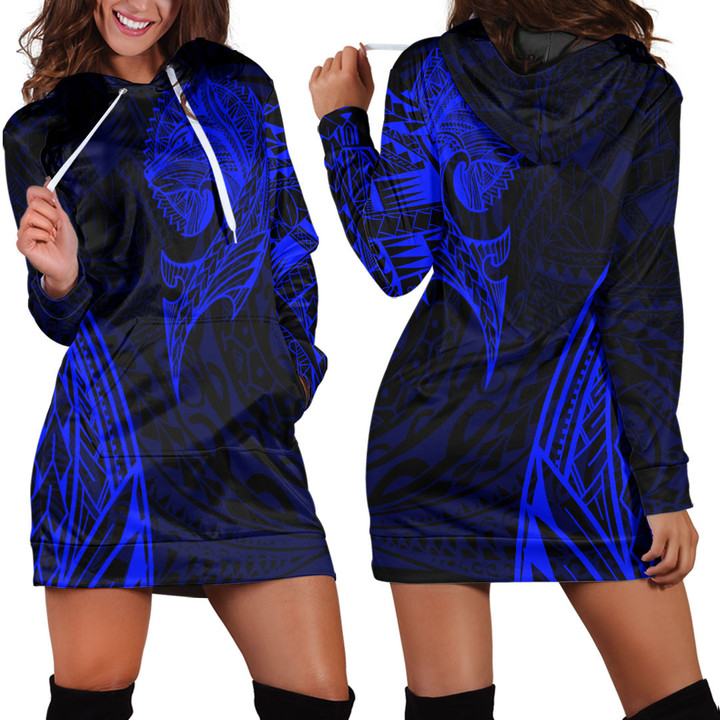 RugbyLife Clothing - Polynesian Tattoo Style Wolf - Blue Version Hoodie Dress A7 | RugbyLife