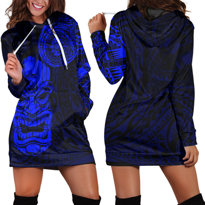 RugbyLife Clothing - Polynesian Tattoo Style Tiki - Blue Version Hoodie Dress A7 | RugbyLife