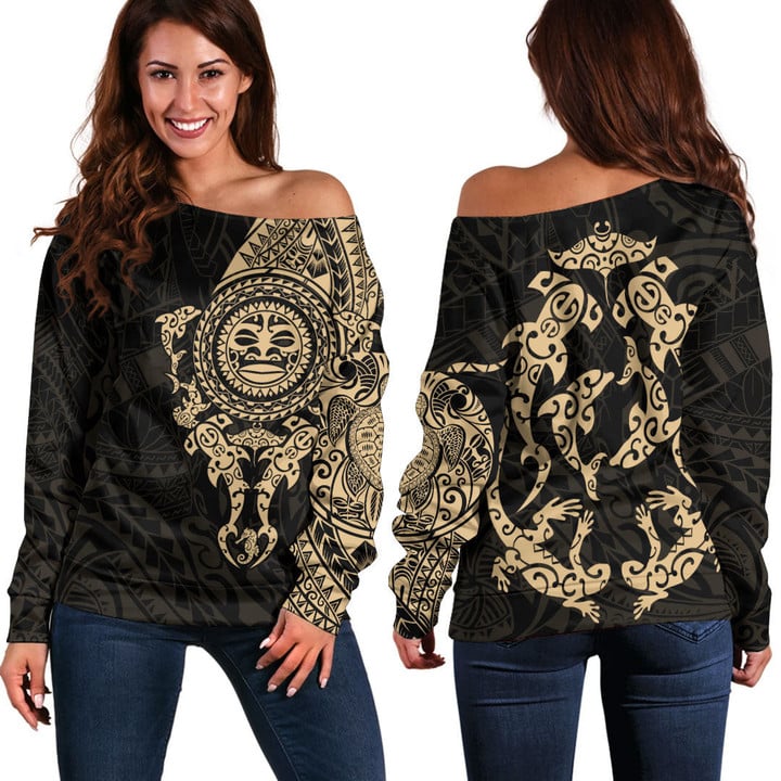 RugbyLife Clothing - Polynesian Tattoo Style Maori - Special Tattoo - Gold Version Off Shoulder Sweater A7 | RugbyLife