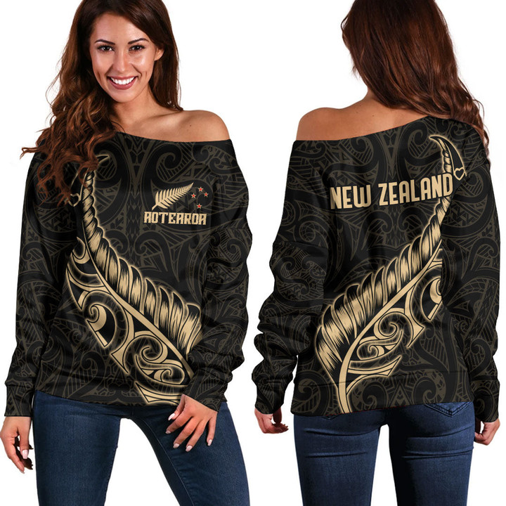 RugbyLife Clothing - New Zealand Aotearoa Maori Fern - Gold Version Off Shoulder Sweater A7 | RugbyLife