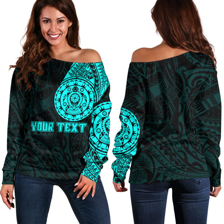 RugbyLife Clothing - (Custom) Polynesian Tattoo Style Turtle - Cyan Version Off Shoulder Sweater A7 | RugbyLife