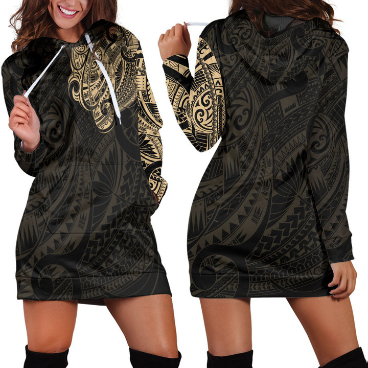 RugbyLife Clothing - Polynesian Tattoo Style - Gold Version Hoodie Dress A7 | RugbyLife