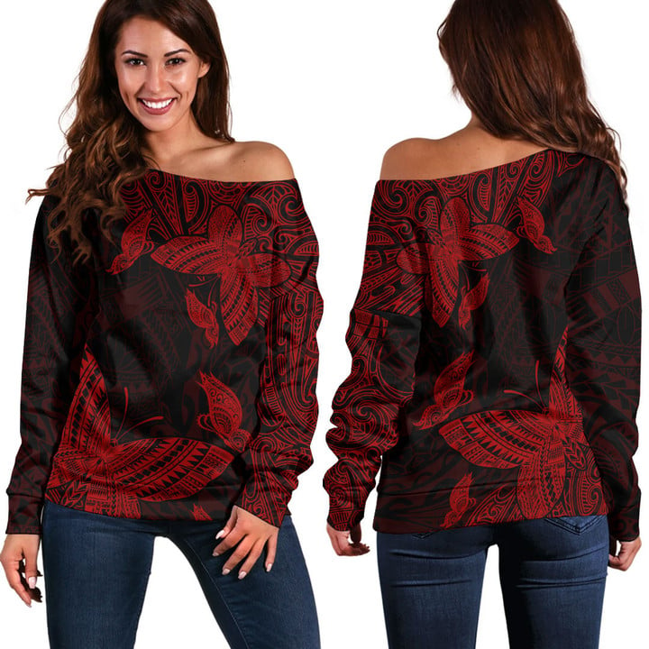 RugbyLife Clothing - Polynesian Tattoo Style Butterfly Special Version - Red Version Off Shoulder Sweater A7 | RugbyLife