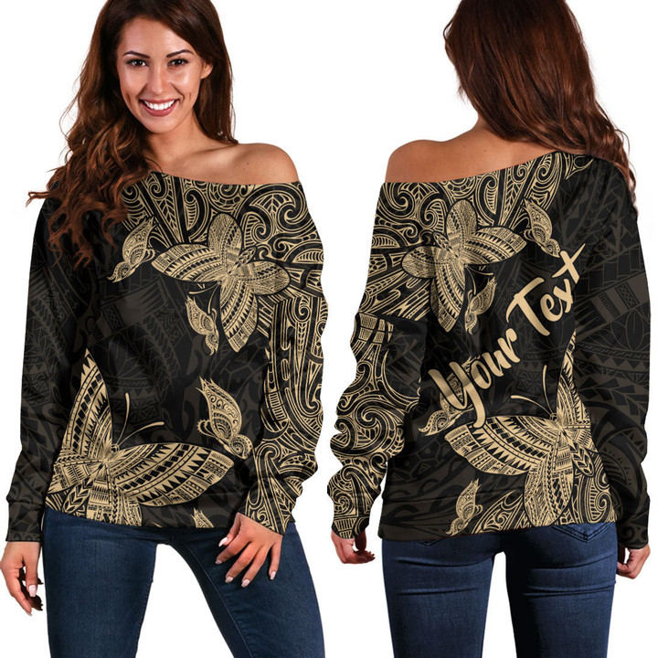RugbyLife Clothing - (Custom) Polynesian Tattoo Style Butterfly Special Version - Gold Version Off Shoulder Sweater A7 | RugbyLife