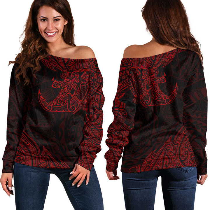 RugbyLife Clothing - Polynesian Tattoo Style Surfing - Red Version Off Shoulder Sweater A7 | RugbyLife