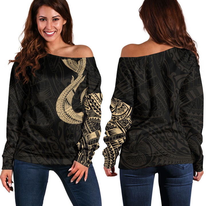 RugbyLife Clothing - Polynesian Tattoo Style Hook - Gold Version Off Shoulder Sweater A7 | RugbyLife