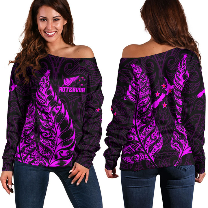 RugbyLife Clothing - New Zealand Aotearoa Maori Silver Fern New - Pink Version Off Shoulder Sweater A7 | RugbyLife