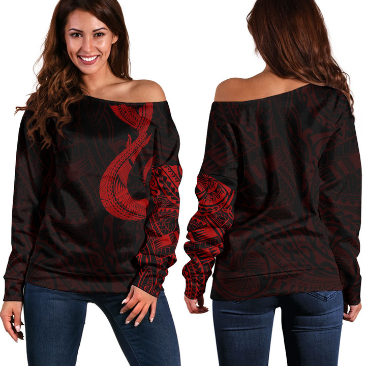 RugbyLife Clothing - Polynesian Tattoo Style Hook - Red Version Off Shoulder Sweater A7 | RugbyLife