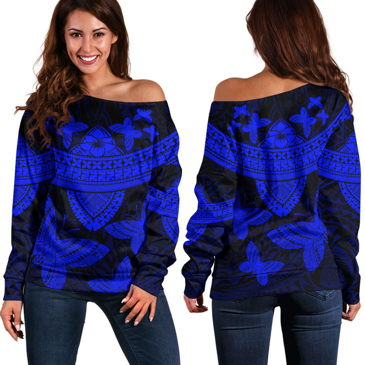 RugbyLife Clothing - Polynesian Tattoo Style Butterfly - Blue Version Off Shoulder Sweater A7 | RugbyLife