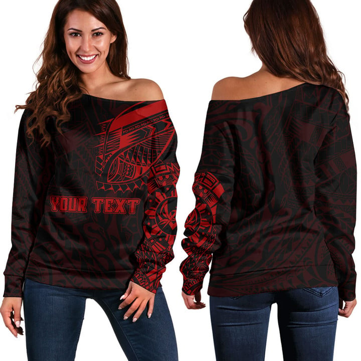 RugbyLife Clothing - (Custom) Polynesian Tattoo Style Tatau - Red Version Off Shoulder Sweater A7 | RugbyLife