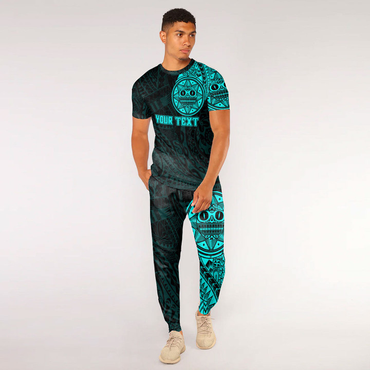 RugbyLife Clothing - (Custom) Polynesian Tattoo Style Sun - Cyan Version T-Shirt and Jogger Pants A7 | RugbyLife