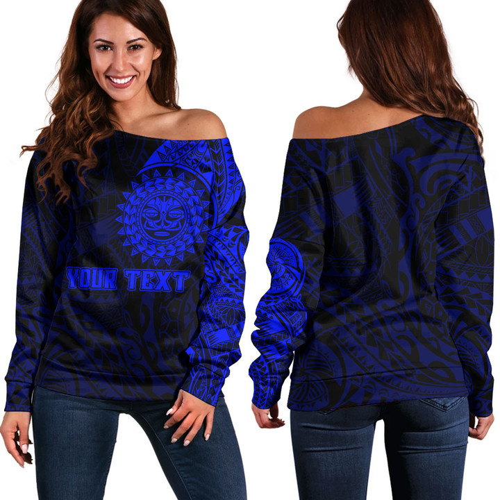 RugbyLife Clothing - (Custom) Polynesian Sun Tattoo Style - Blue Version Off Shoulder Sweater A7 | RugbyLife