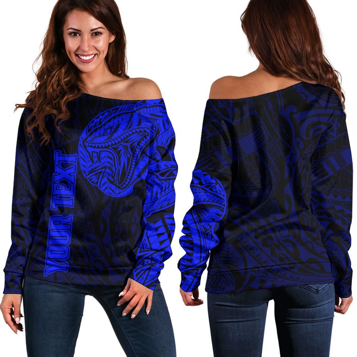 RugbyLife Clothing - (Custom) Polynesian Tattoo Style Snake - Blue Version Off Shoulder Sweater A7 | RugbyLife