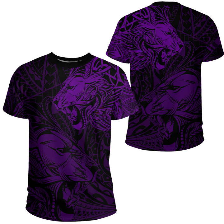 RugbyLife Clothing - Polynesian Tattoo Style Tribal Lion - Purple Version T-Shirt A7 | RugbyLife