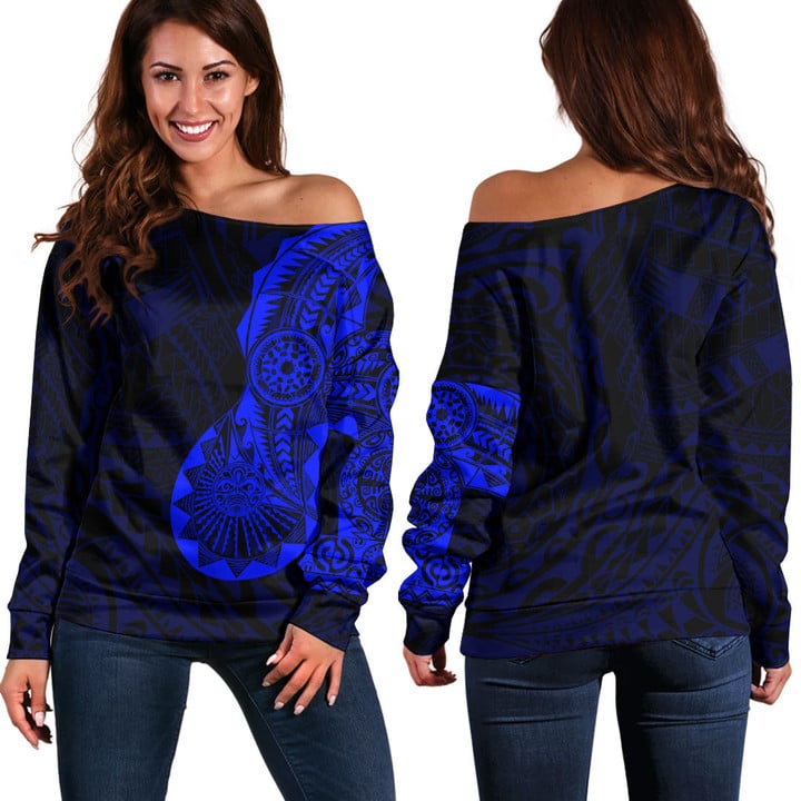 RugbyLife Clothing - Polynesian Tattoo Style Tatau - Blue Version Off Shoulder Sweater A7 | RugbyLife