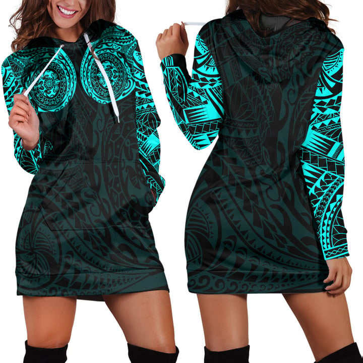 RugbyLife Clothing - Polynesian Tattoo Style - Cyan Version Hoodie Dress A7 | RugbyLife