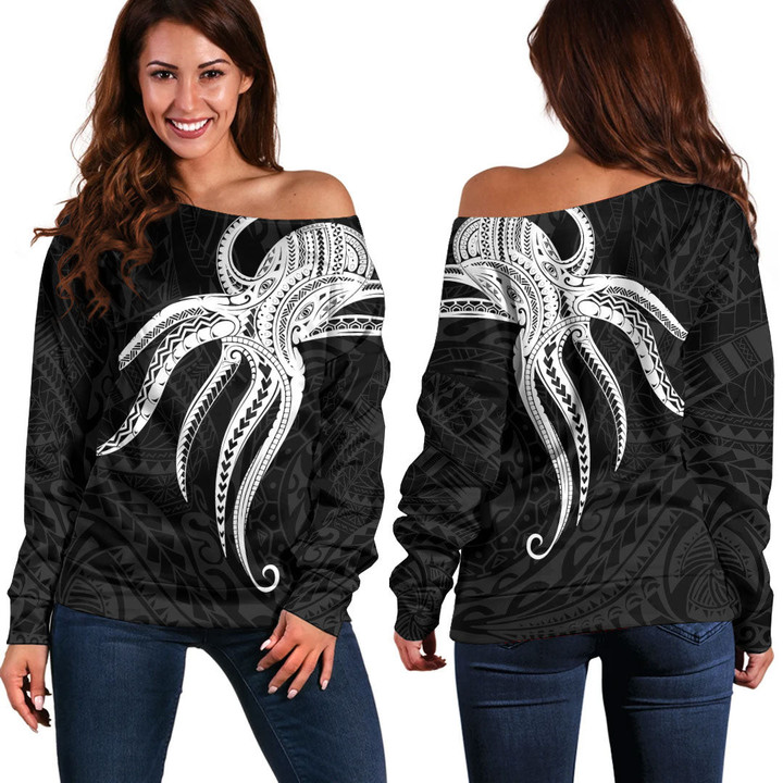 RugbyLife Clothing - Polynesian Tattoo Style Octopus Tattoo Off Shoulder Sweater A7 | RugbyLife