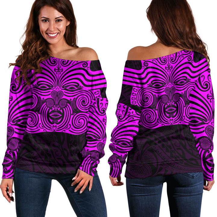 RugbyLife Clothing - Polynesian Tattoo Style Maori Traditional Mask - Pink Version Off Shoulder Sweater A7 | RugbyLife
