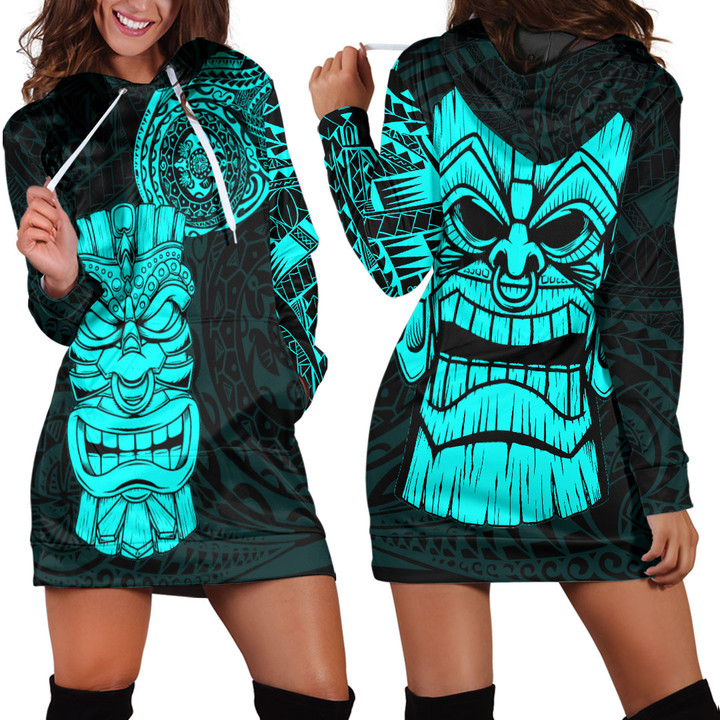 RugbyLife Clothing - Polynesian Tattoo Style Tiki - Cyan Version Hoodie Dress A7 | RugbyLife