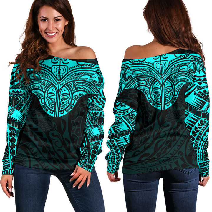 RugbyLife Clothing - Polynesian Tattoo Style Tattoo - Cyan Version Off Shoulder Sweater A7 | RugbyLife