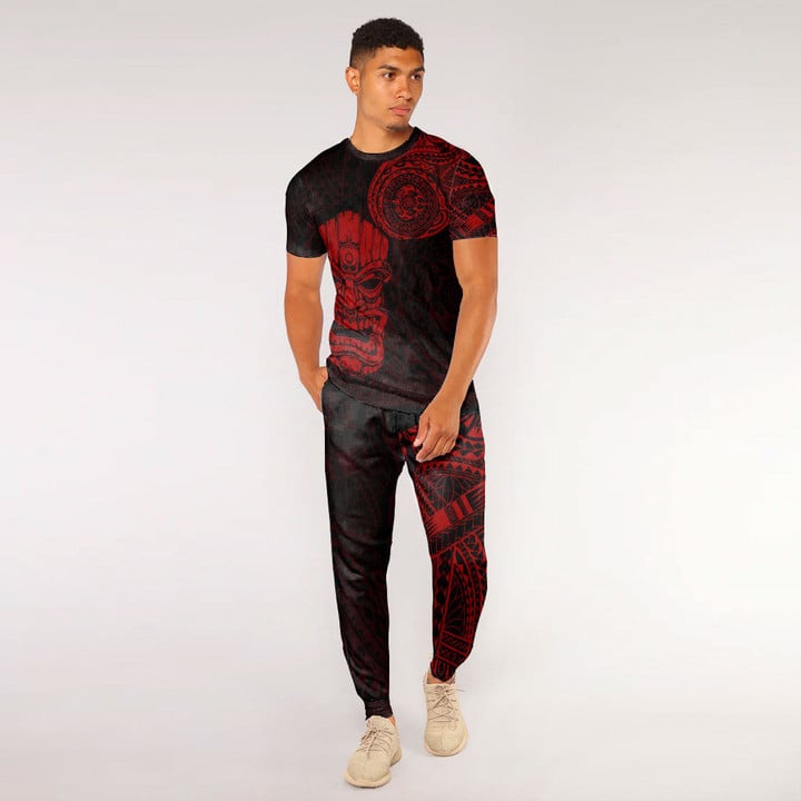 RugbyLife Clothing - Polynesian Tattoo Style Tiki - Red Version T-Shirt and Jogger Pants A7 | RugbyLife