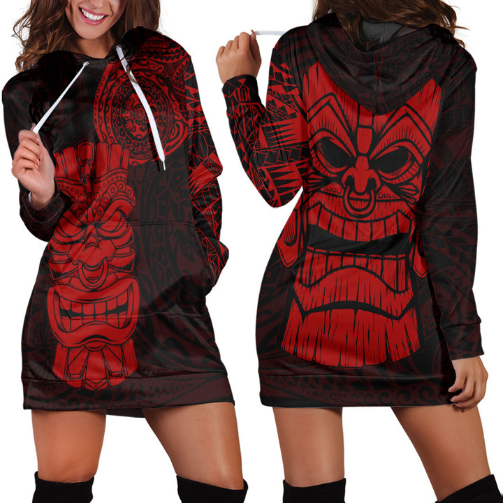 RugbyLife Clothing - Polynesian Tattoo Style Tiki - Red Version Hoodie Dress A7 | RugbyLife