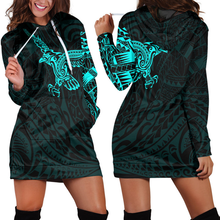 RugbyLife Clothing - Polynesian Tattoo Style Crow - Cyan Version Hoodie Dress A7 | RugbyLife