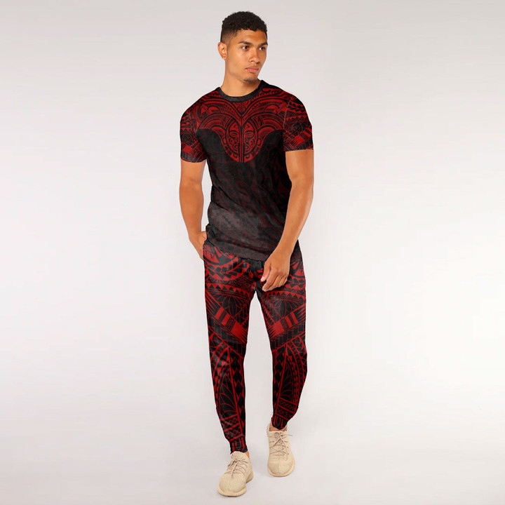 RugbyLife Clothing - Polynesian Tattoo Style Tattoo - Red Version T-Shirt and Jogger Pants A7 | RugbyLife