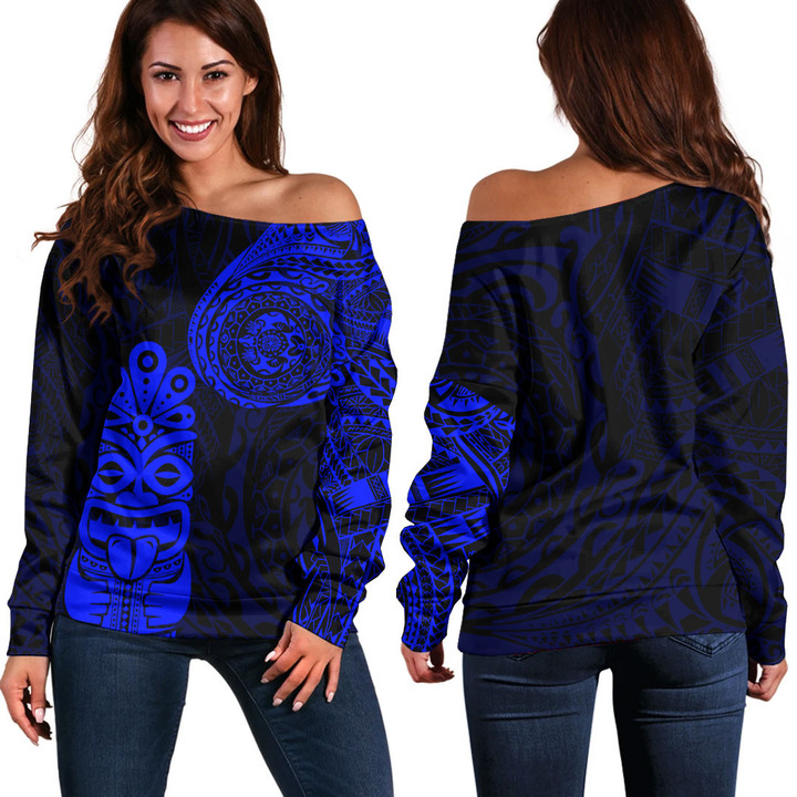RugbyLife Clothing - Polynesian Tattoo Style Tiki - Blue Version Off Shoulder Sweater A7 | RugbyLife