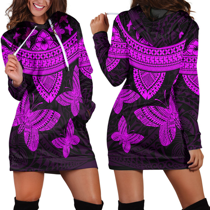 RugbyLife Clothing - Polynesian Tattoo Style Butterfly - Pink Version Hoodie Dress A7 | RugbyLife