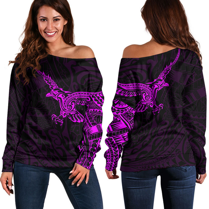 RugbyLife Clothing - Polynesian Tattoo Style Crow - Pink Version Off Shoulder Sweater A7 | RugbyLife