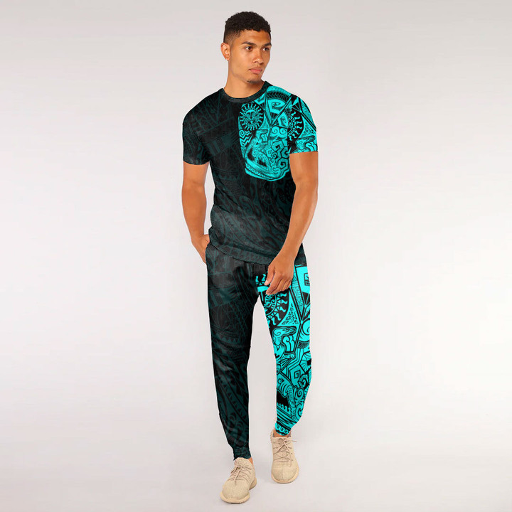 RugbyLife Clothing - Kite Surfer Maori Tattoo With Sun And Waves - Cyan Version T-Shirt and Jogger Pants A7 | RugbyLife